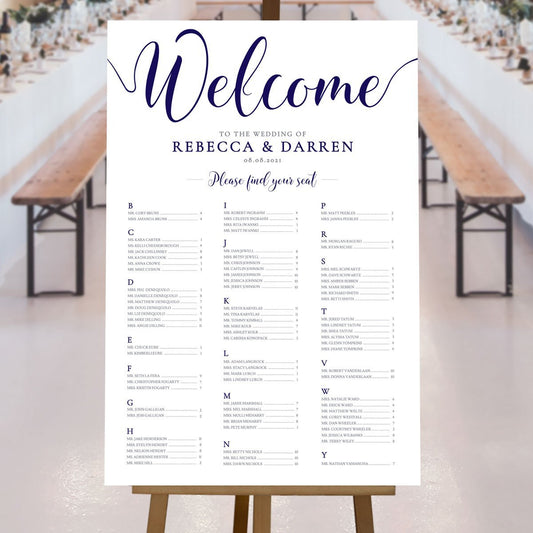 navy a-z table plan at a rustic wedding