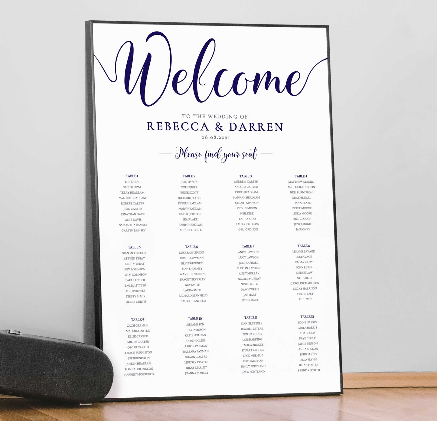 large navy table plan framed print