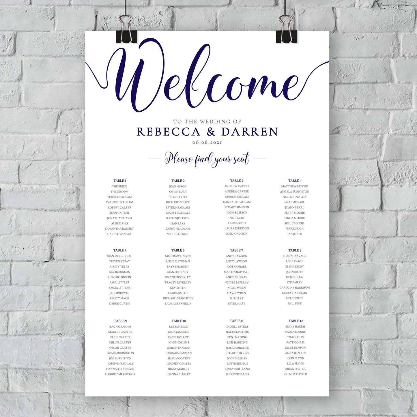 editable navy seating plan at an outdoor wedding