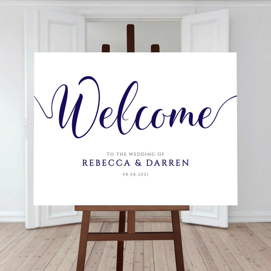 printable navy wedding welcome sign on an easel