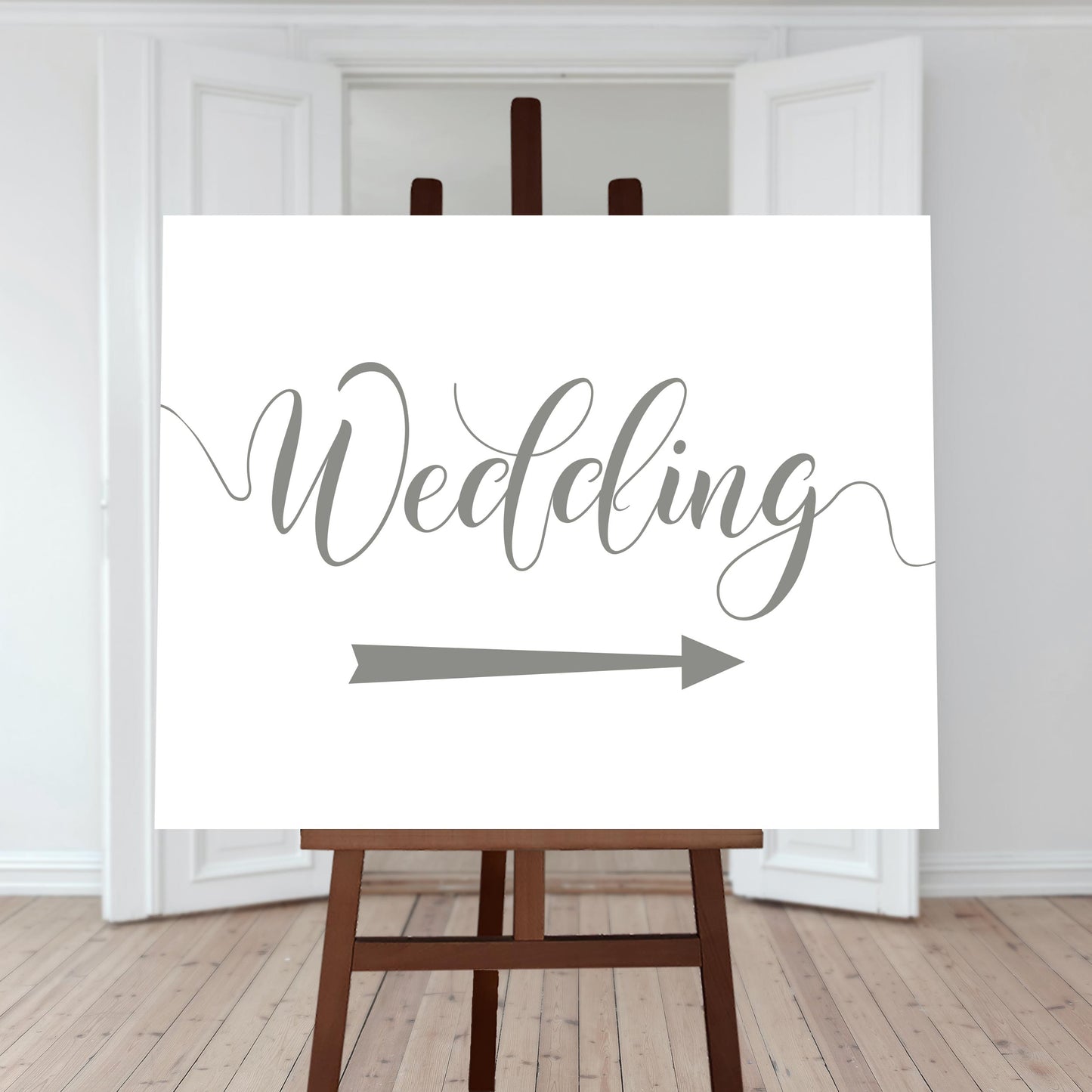 olive green wedding directions sign with a right arrow