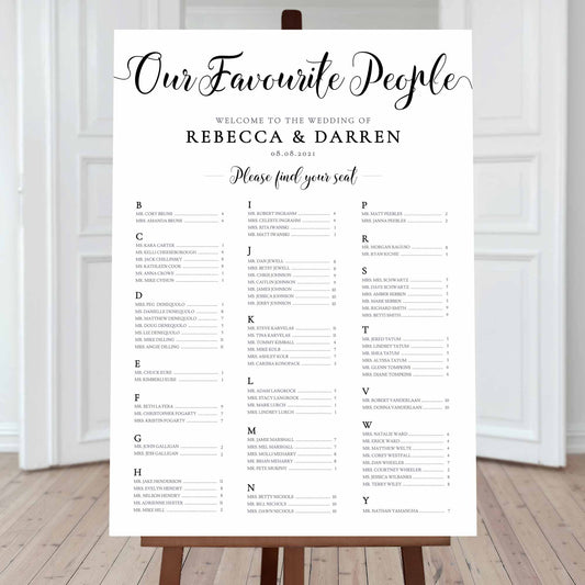 our favourite people alphabetical wedding seating chart black and white
