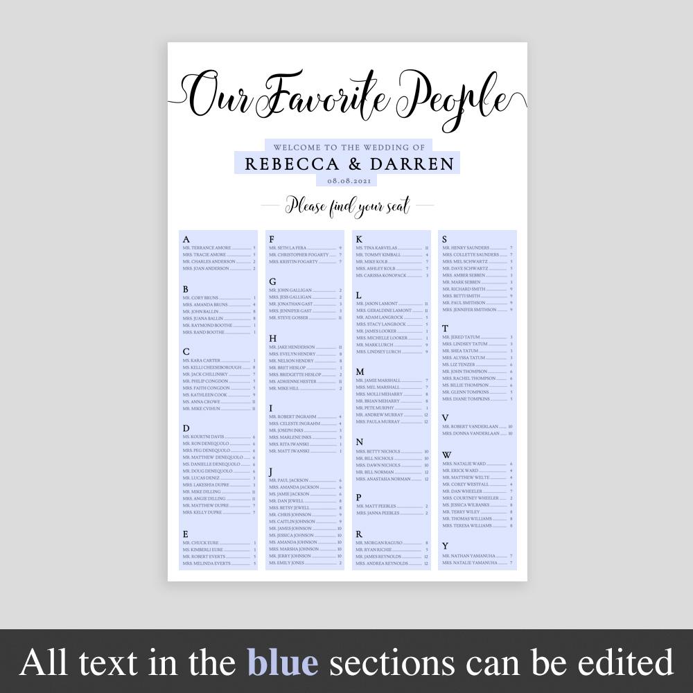 our favourite people editable text on a-z seating chart template