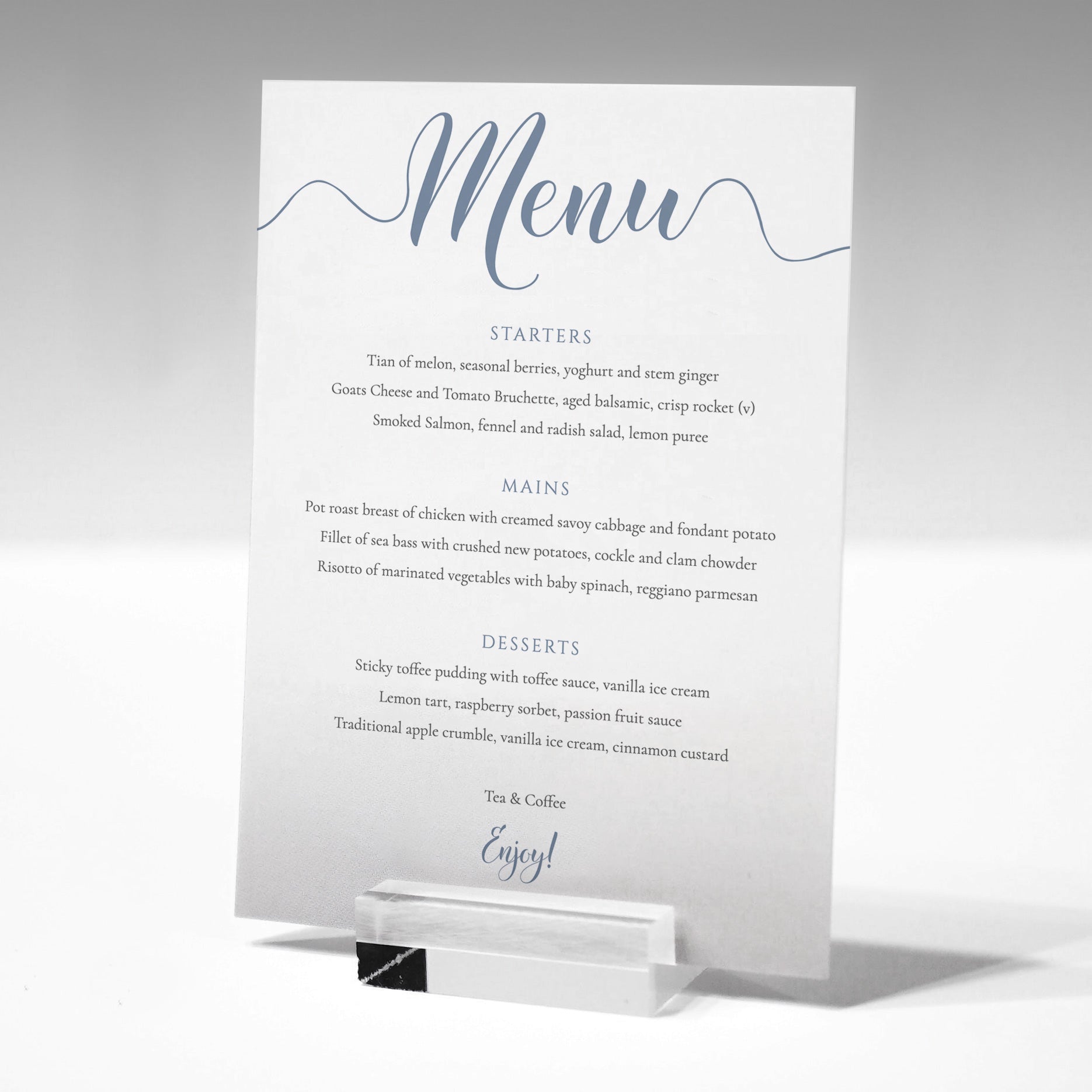 pale blue wedding menu template printed in a glass stand