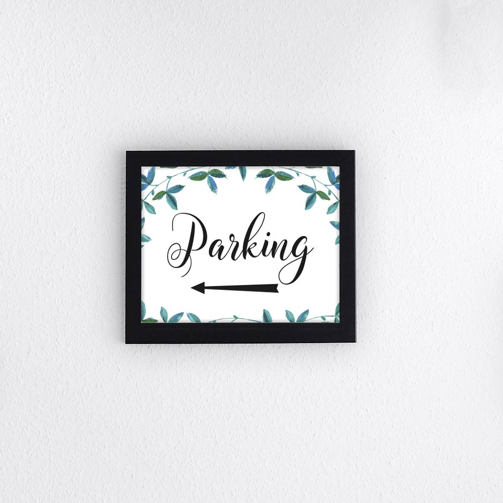 left arrow parking sign with eucalyptus border framed print on a textured wall