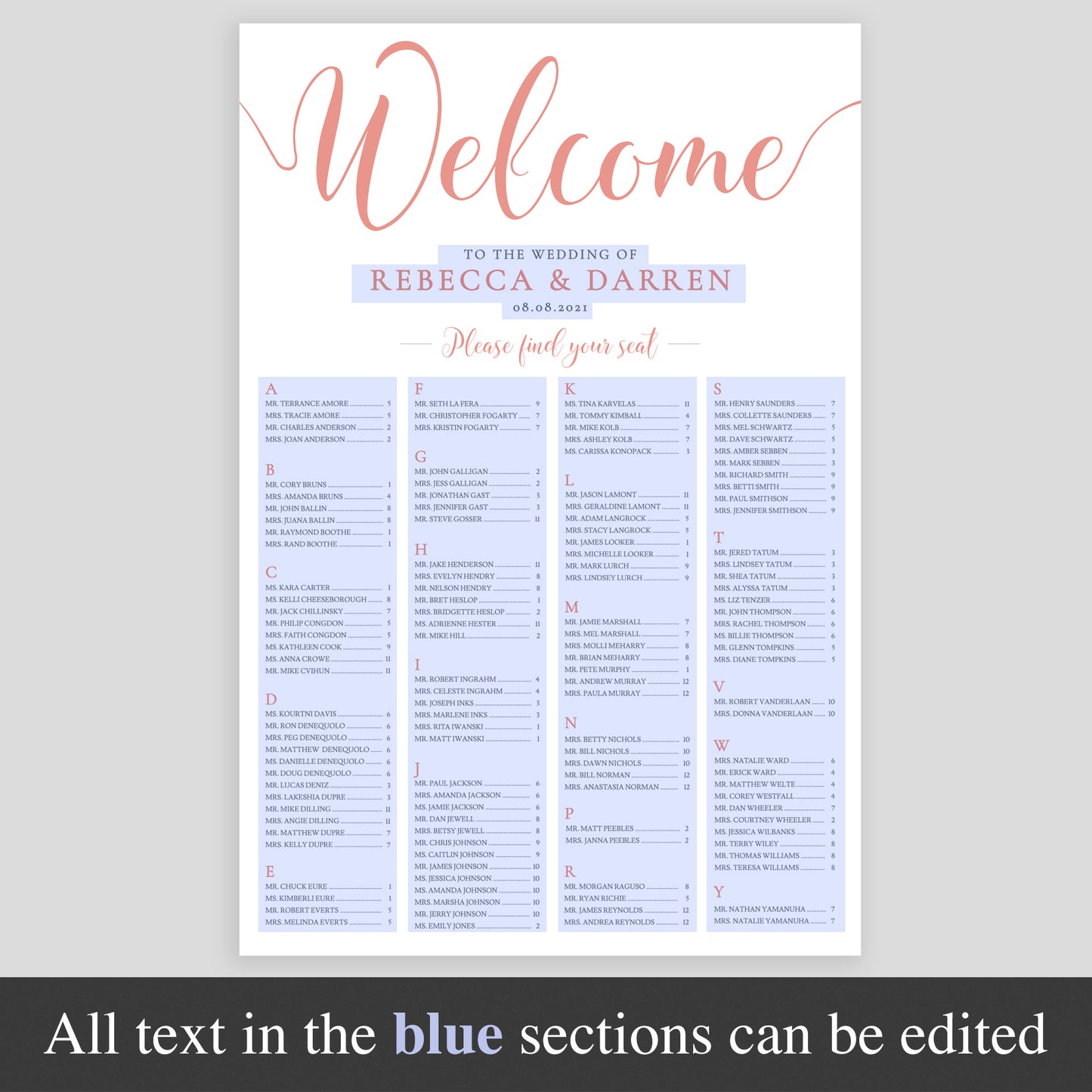peach seating chart template showing editable text