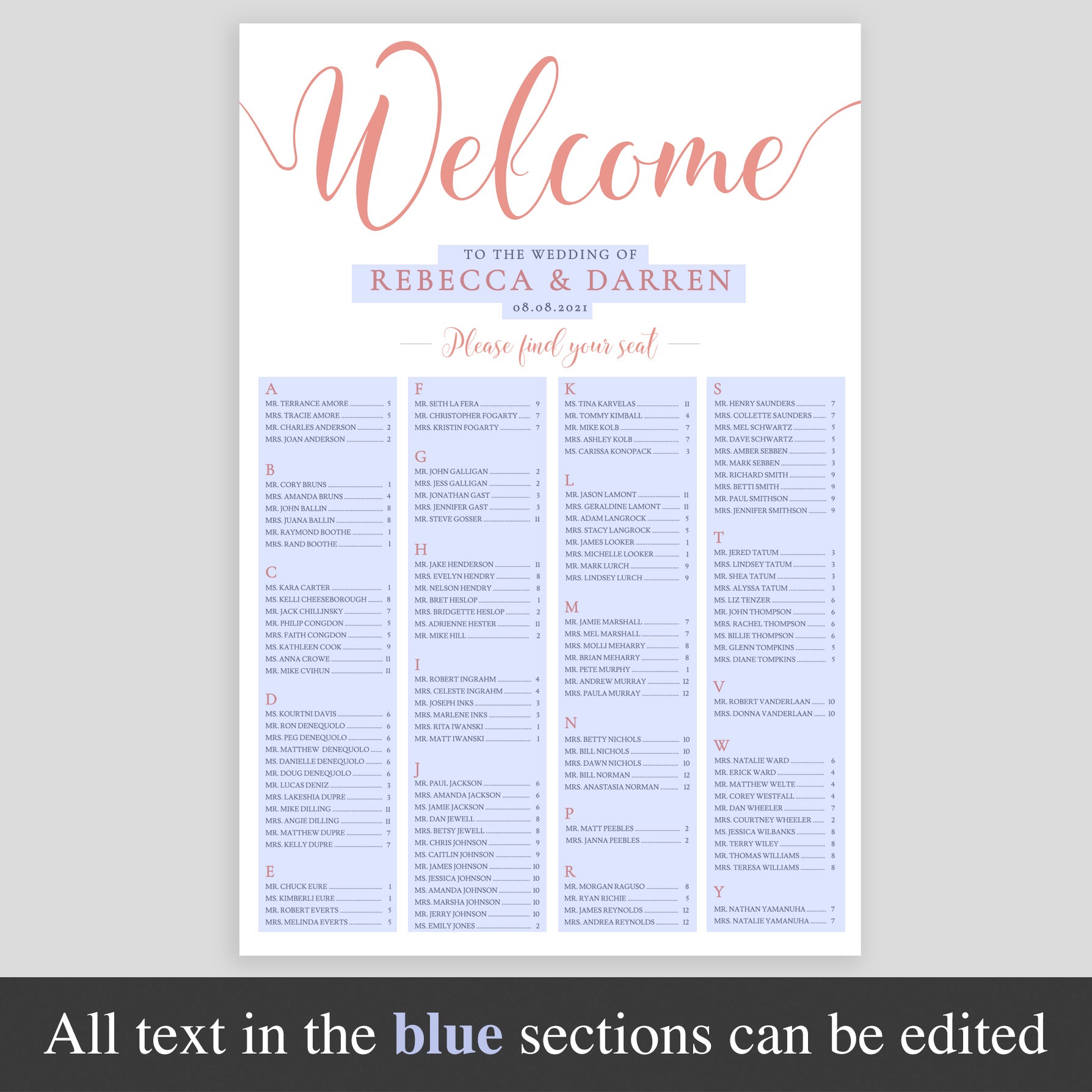 peach seating chart template showing editable text