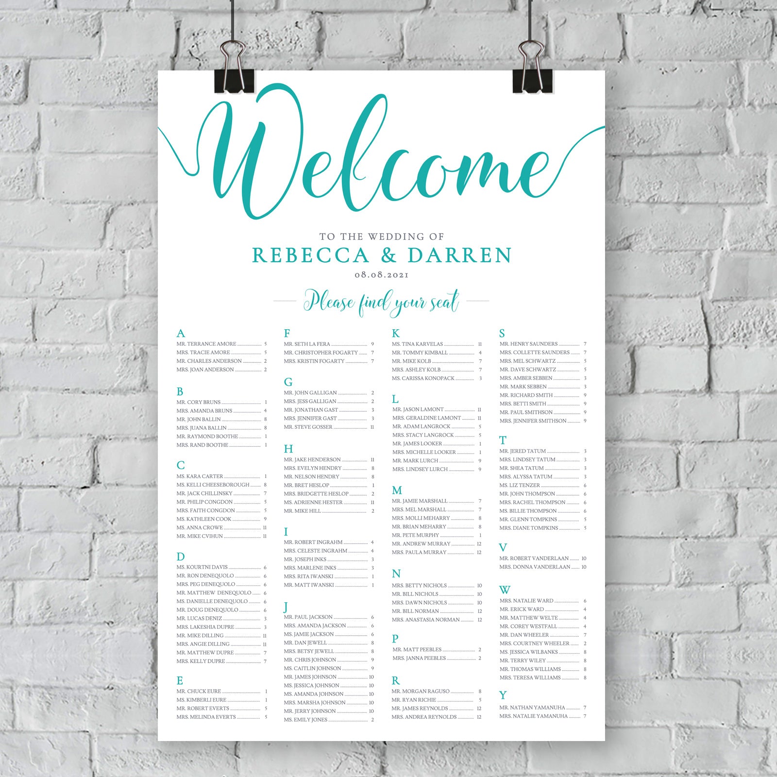 portrait turquoise seating chart 24x36 on wall