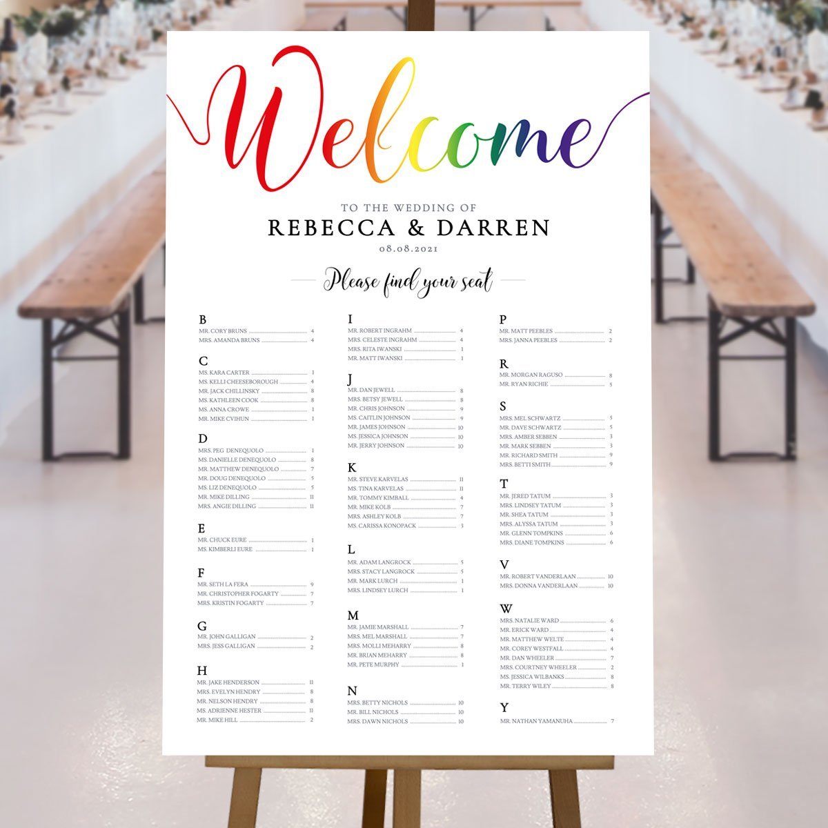 lesbian wedding a-z seating plan at a rustic wedding reception