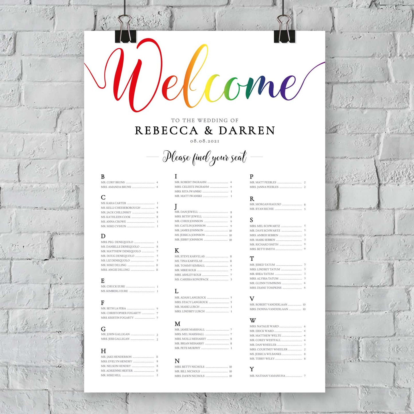 alphabetical seating plan with gay pride rainbow