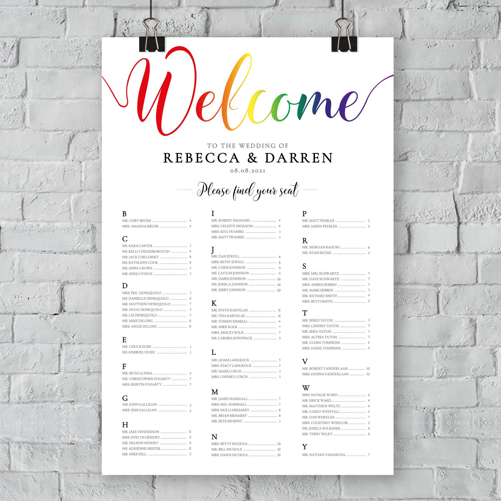 alphabetical seating plan with gay pride rainbow