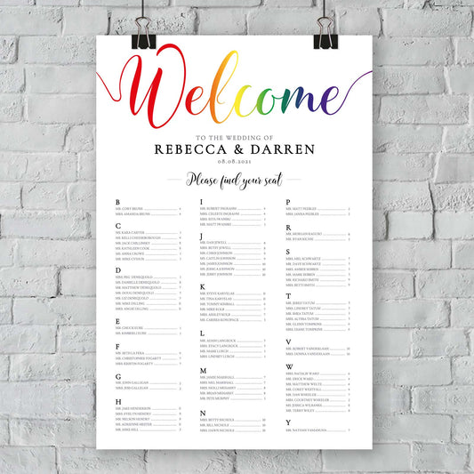 alphabetical seating plan with gay pride rainbow