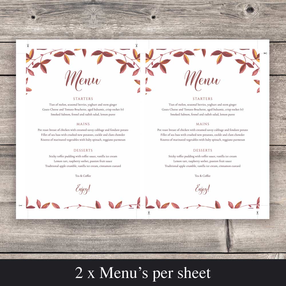 fall leaves menu setup for print with crop marks