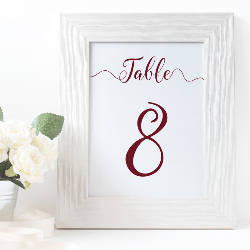 printable maroon table number in a white frame