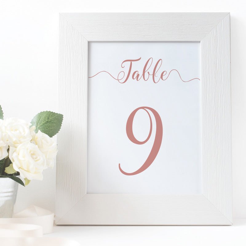 printable rose gold table number in a white frame