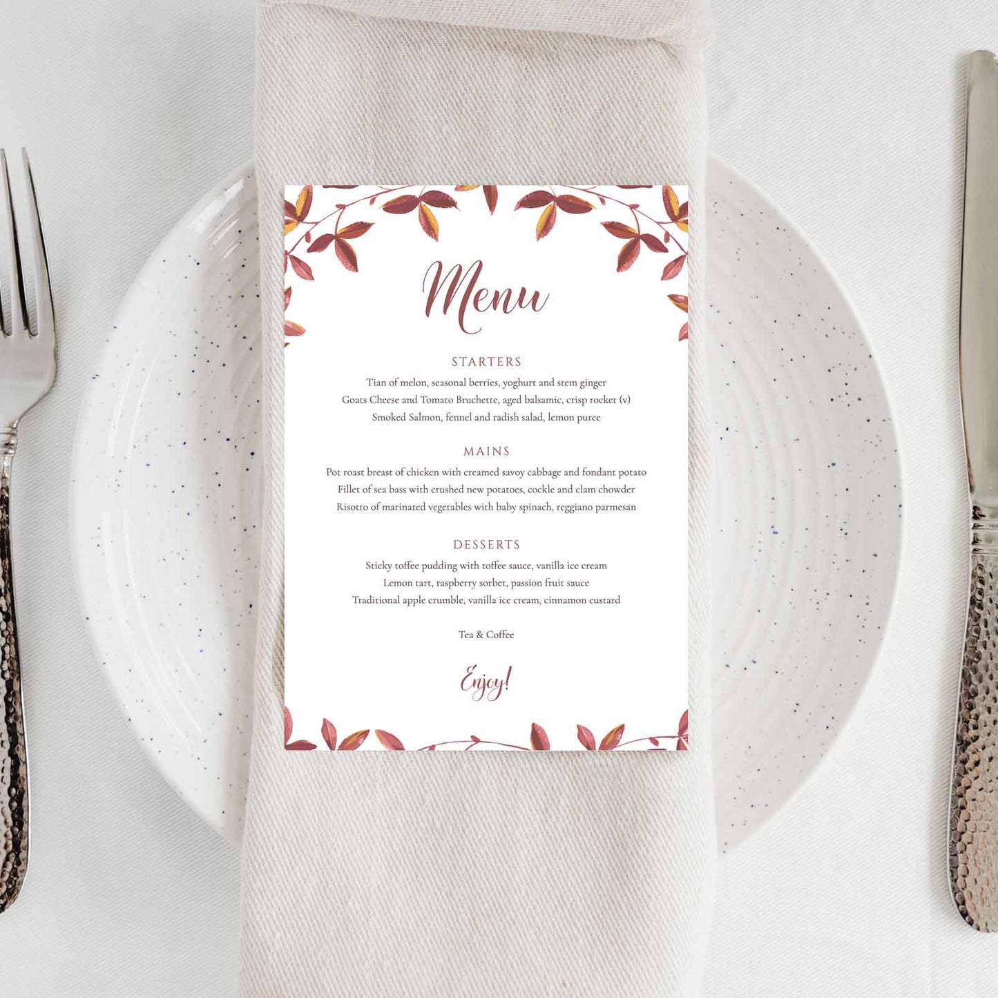 printed autumn leaves menu card on a plate