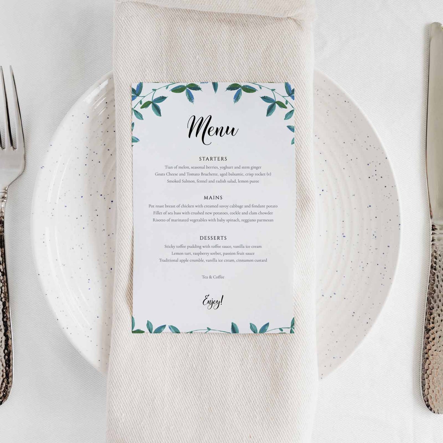 printed eucalyptus menu card on a plate