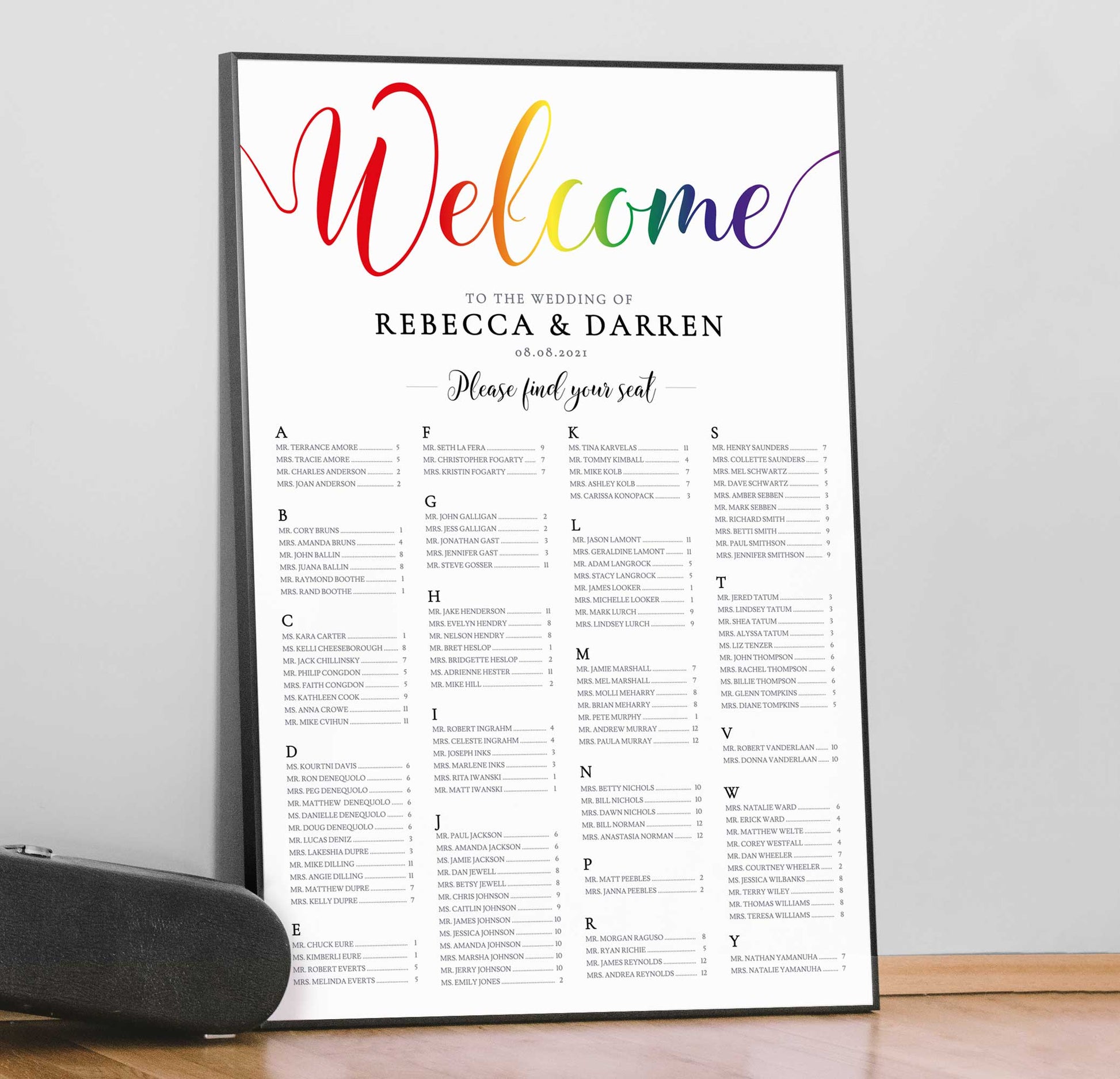 rainbow wedding seating chart framed print