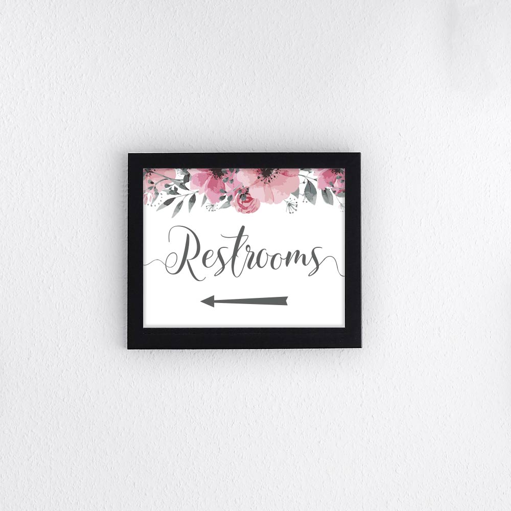 restrooms left arrow sign framed print with pink flower border