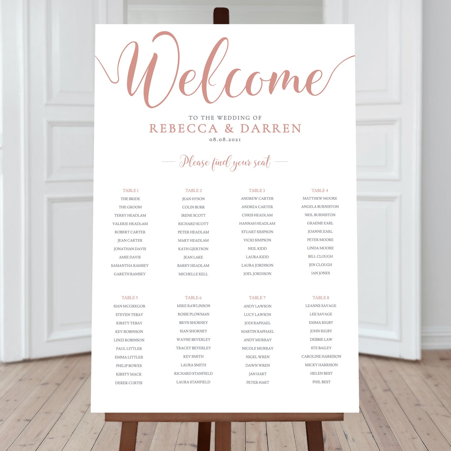 rose gold wedding seating chart template with 8 tables