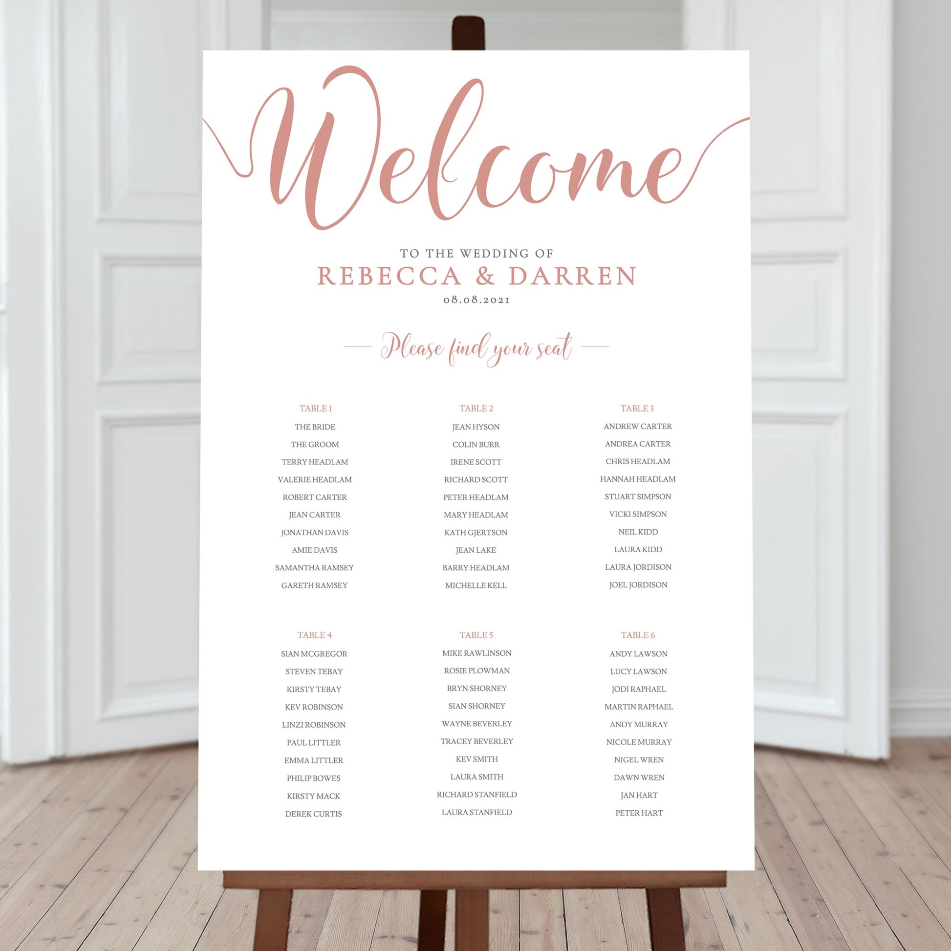 rose gold wedding table chart with 6 tables