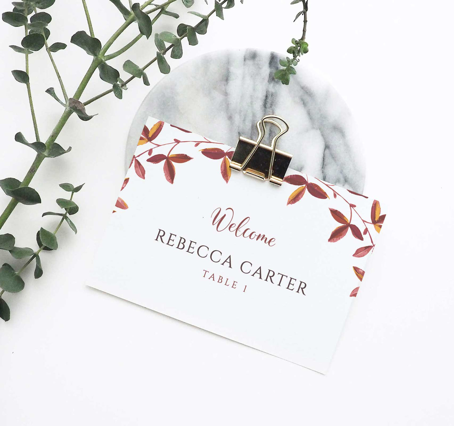 rustic autumn leaves place card with metal clip