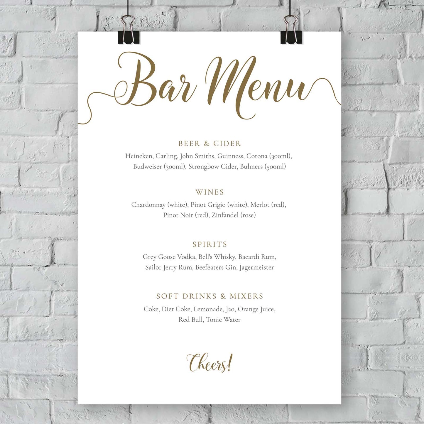 outside bar menu with gold text for beer, cider, wines, spirits and soft drinks
