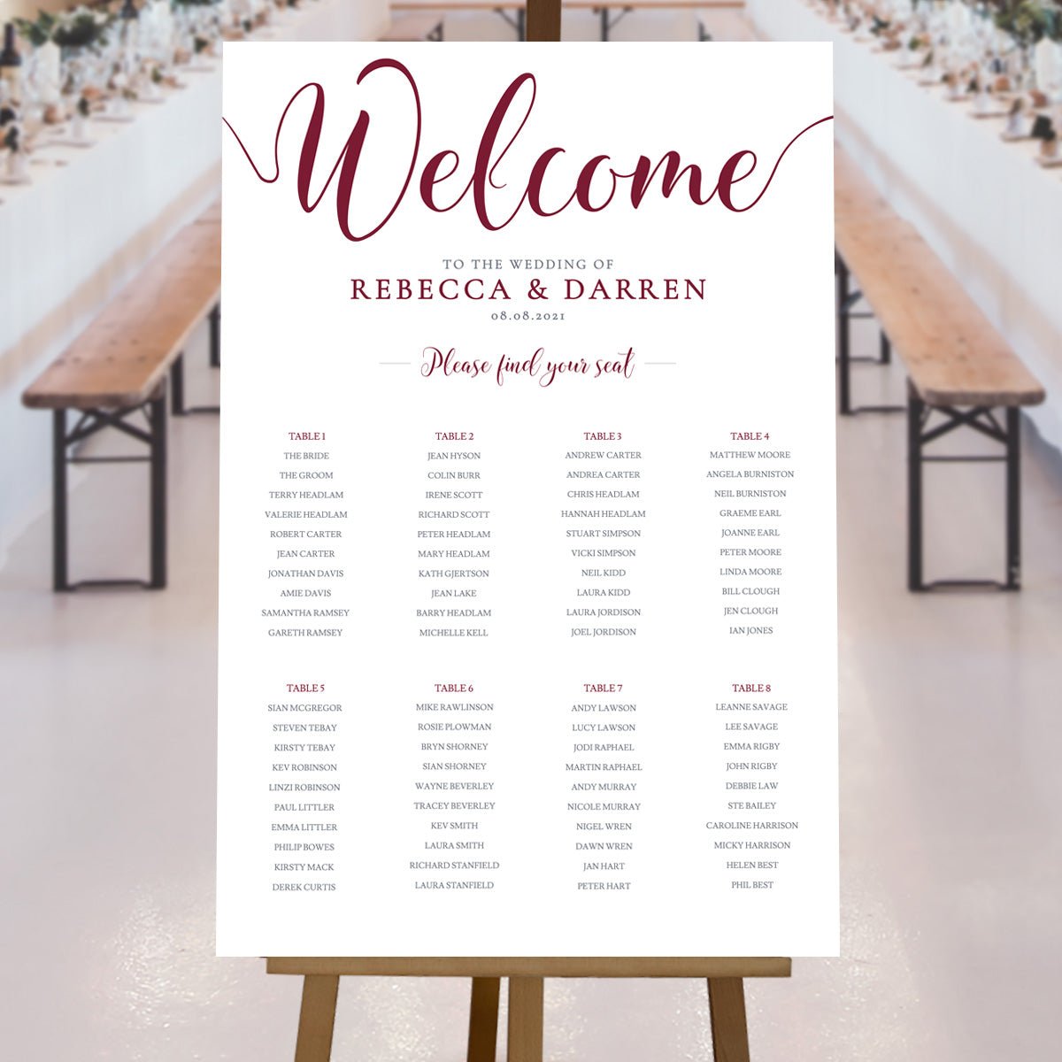 Rustic barn wedding with burgundy seating chart