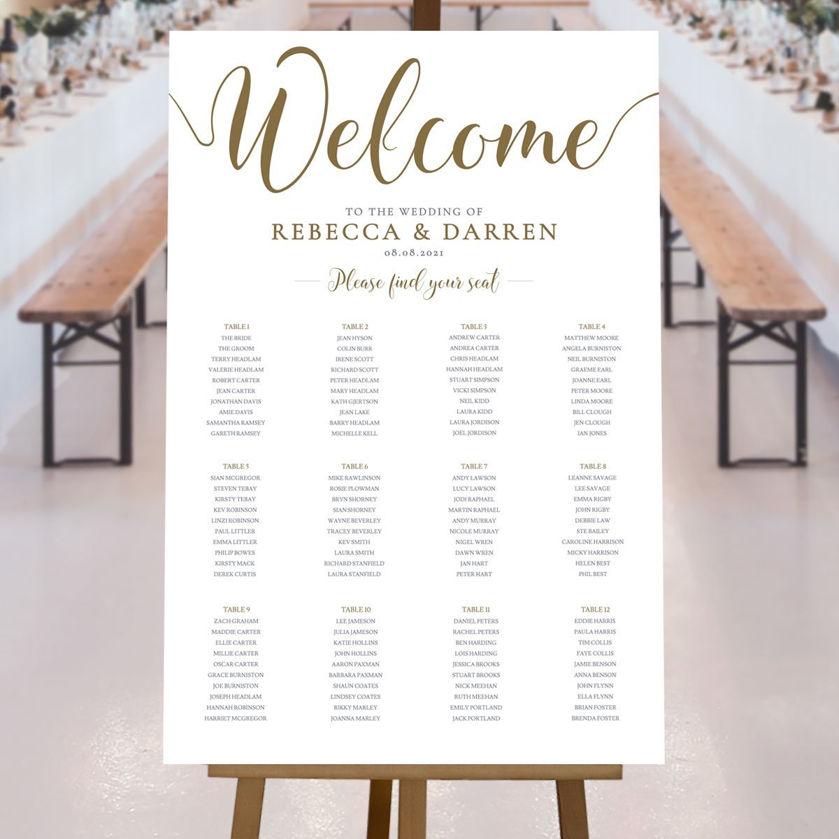 gold table plan at a rustic wedding reception