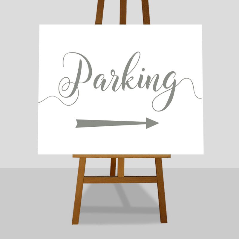 sage green wedding parking arrow sign on an easel
