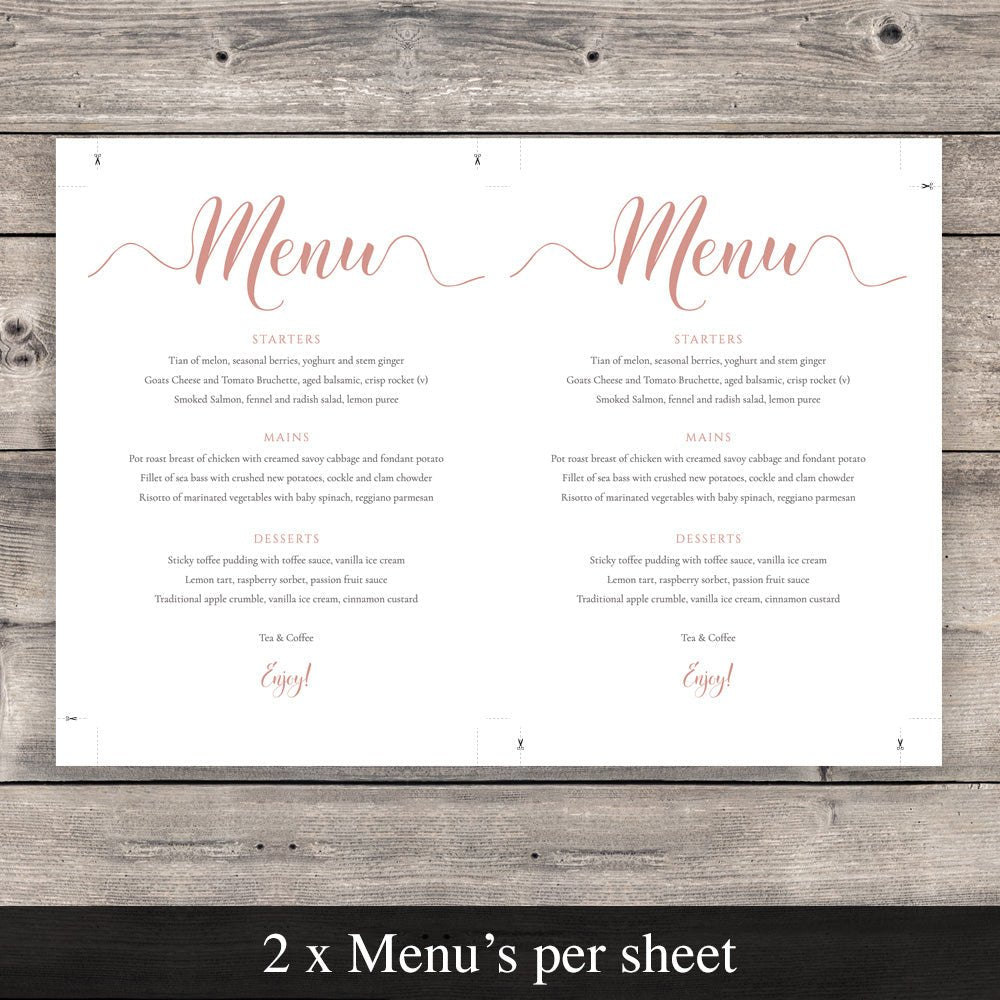 salmon pink wedding menu template print two per page