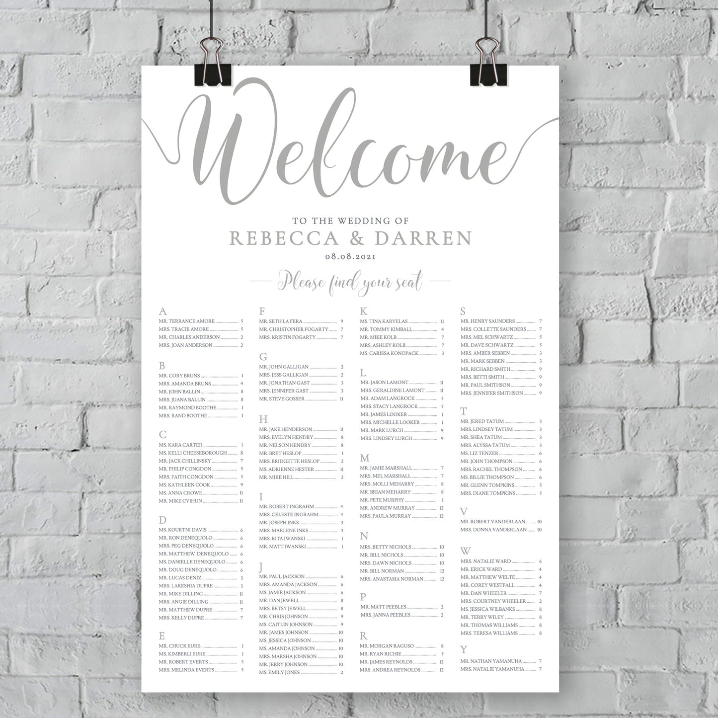 silver seating plan printed on foam board