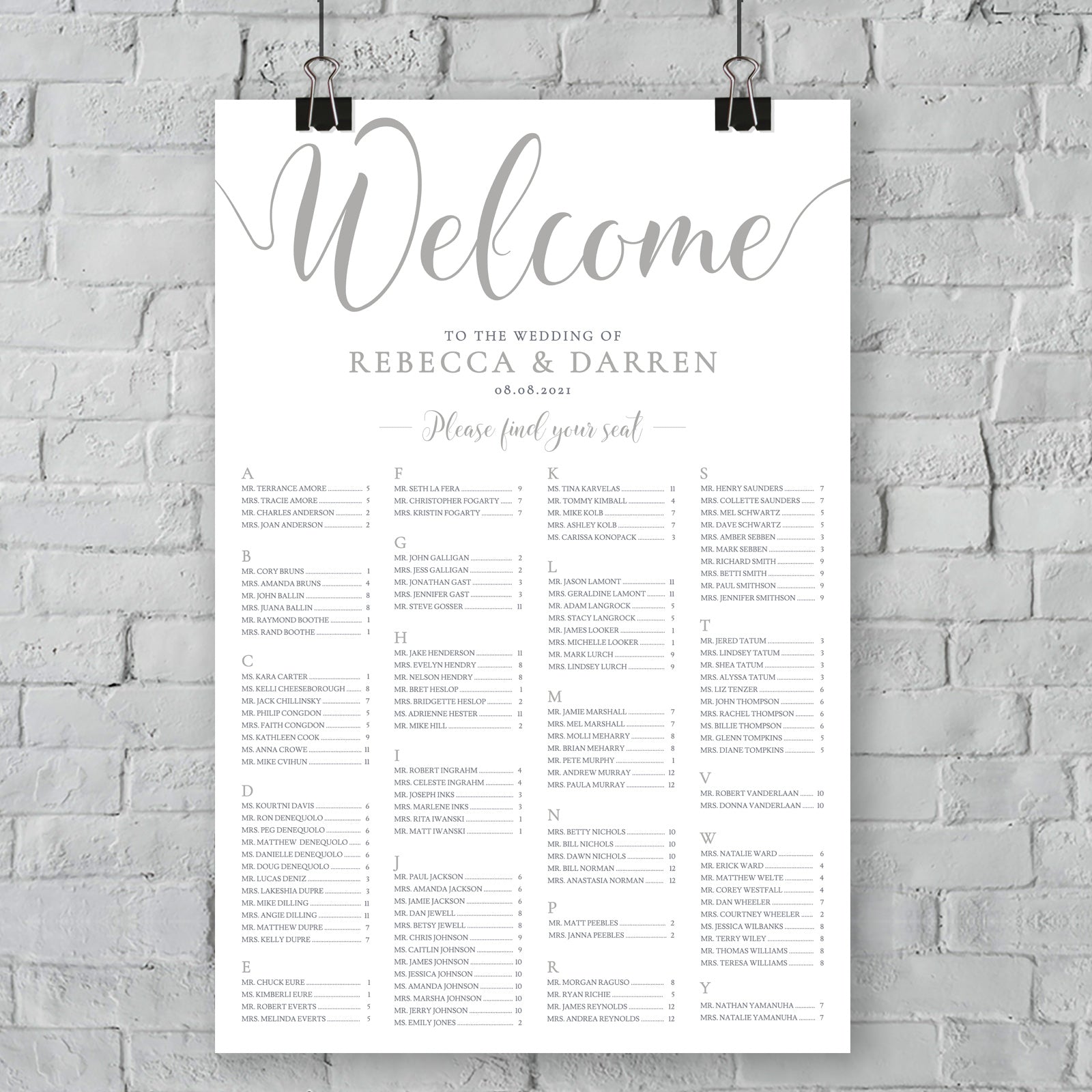 silver seating plan printed on foam board