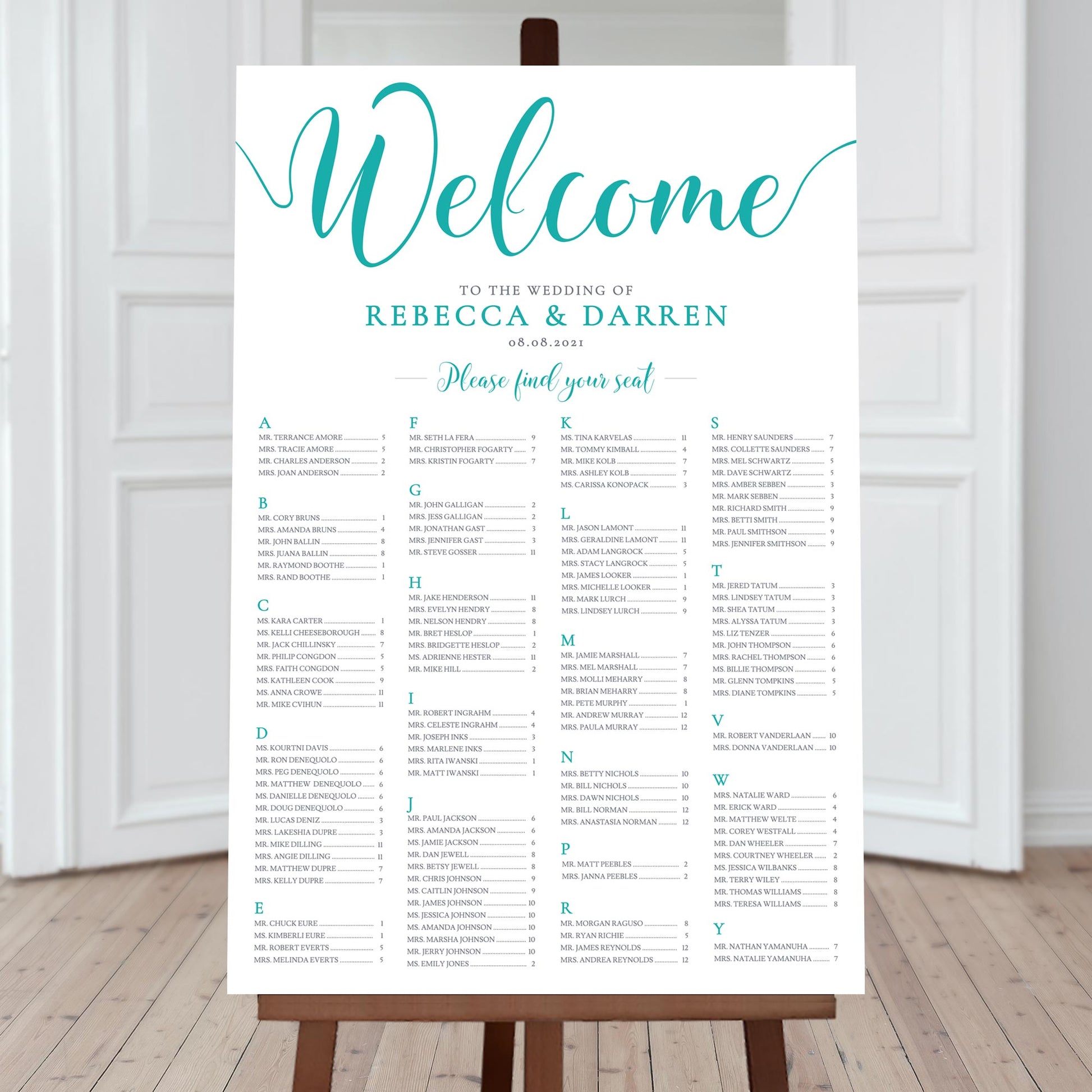turquoise a-z seating plan template for 170 guests