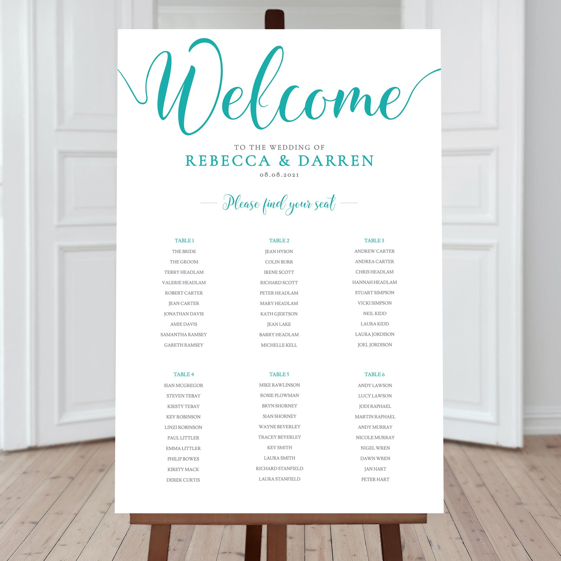 turquoise seating chart with 6 tables