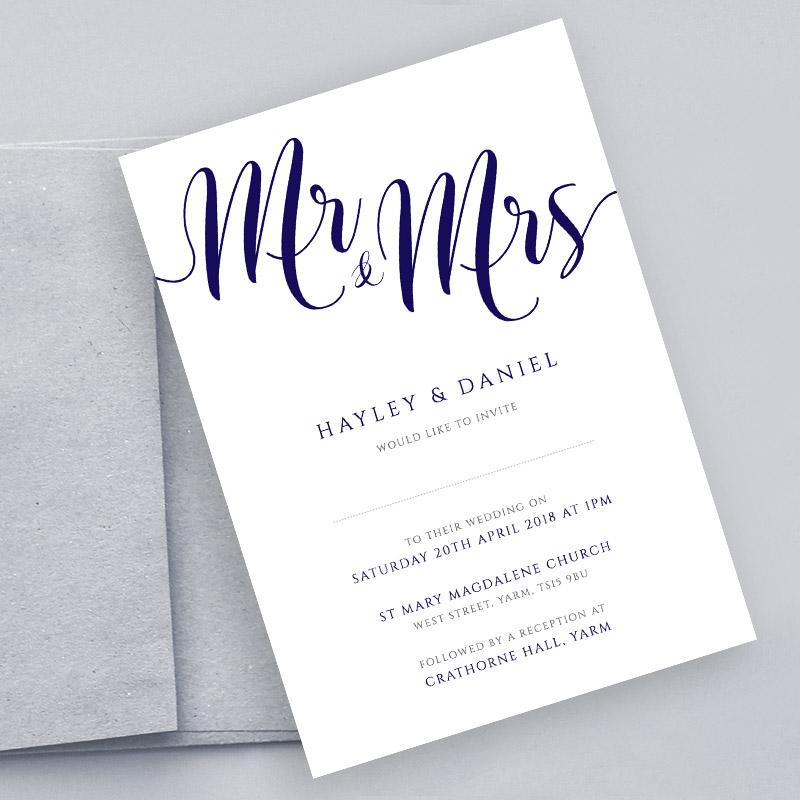 navy wedding invitation with envelope