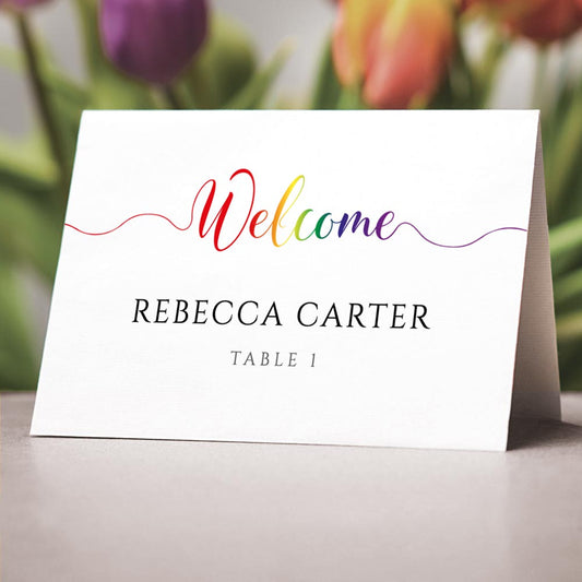 pride rainbow place cards at a lesbian wedding