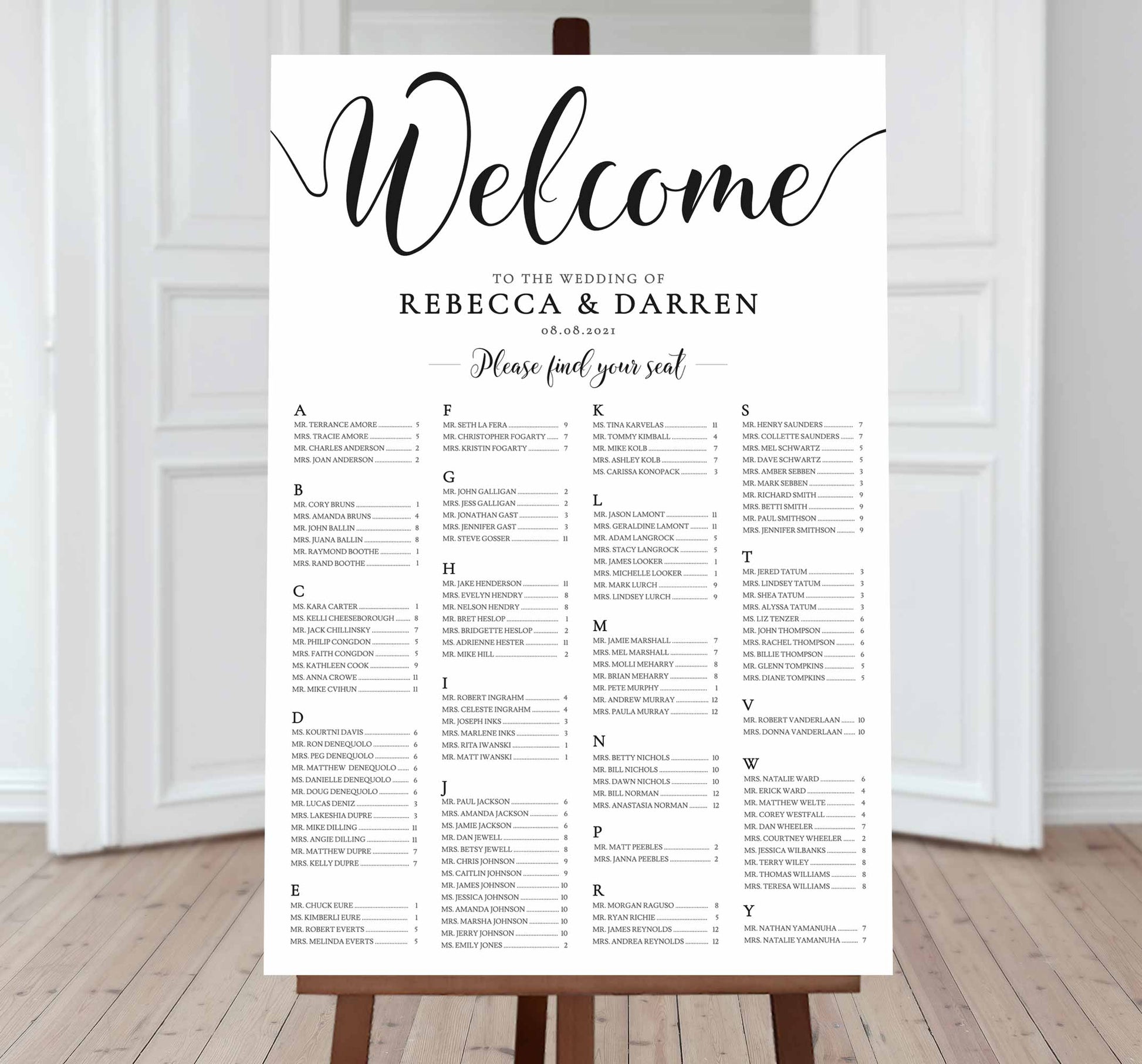welcome wedding seating chart with black text alphabetical order