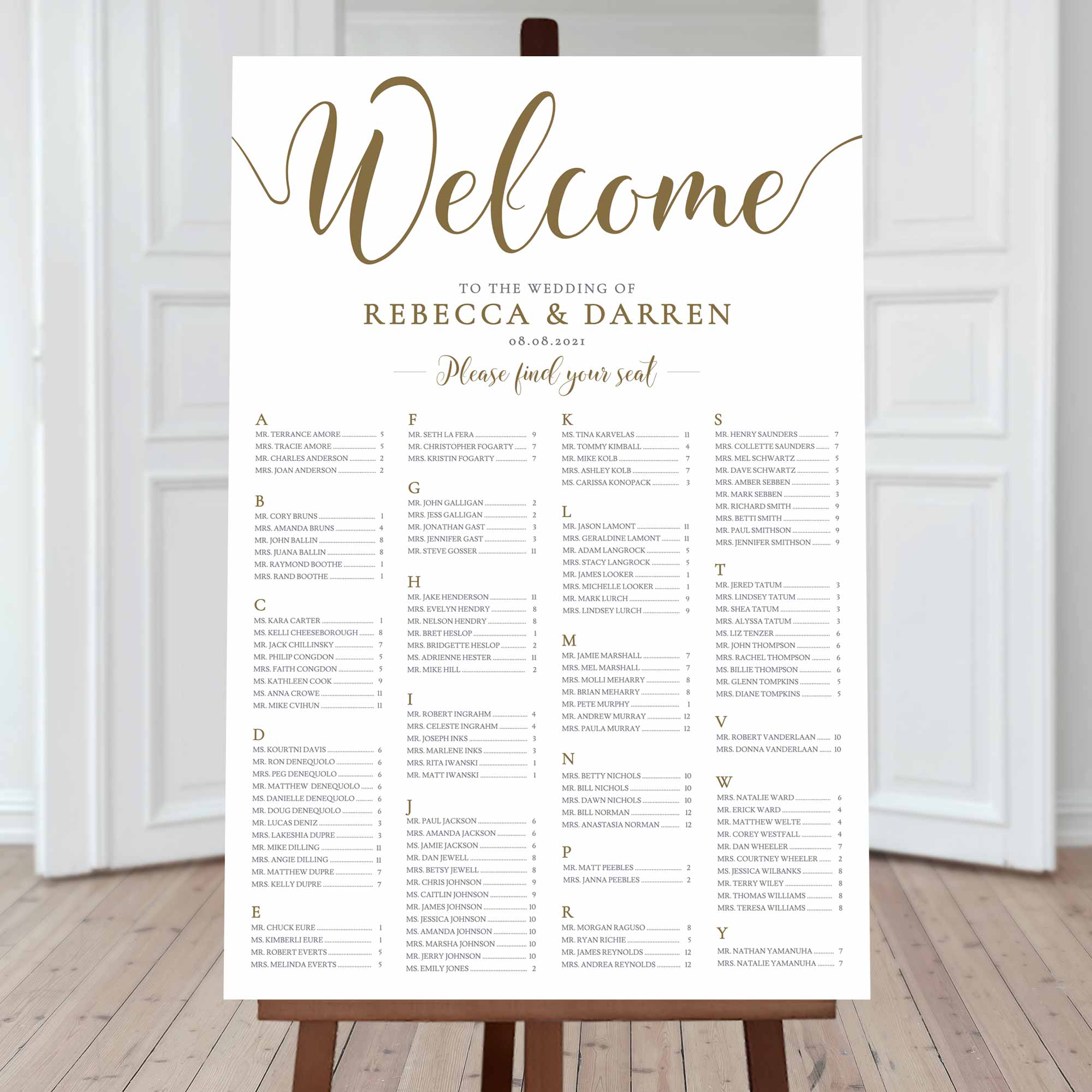 Gold Alphabetical Seating Chart Template - Printable Digital Download – We  Do Bou
