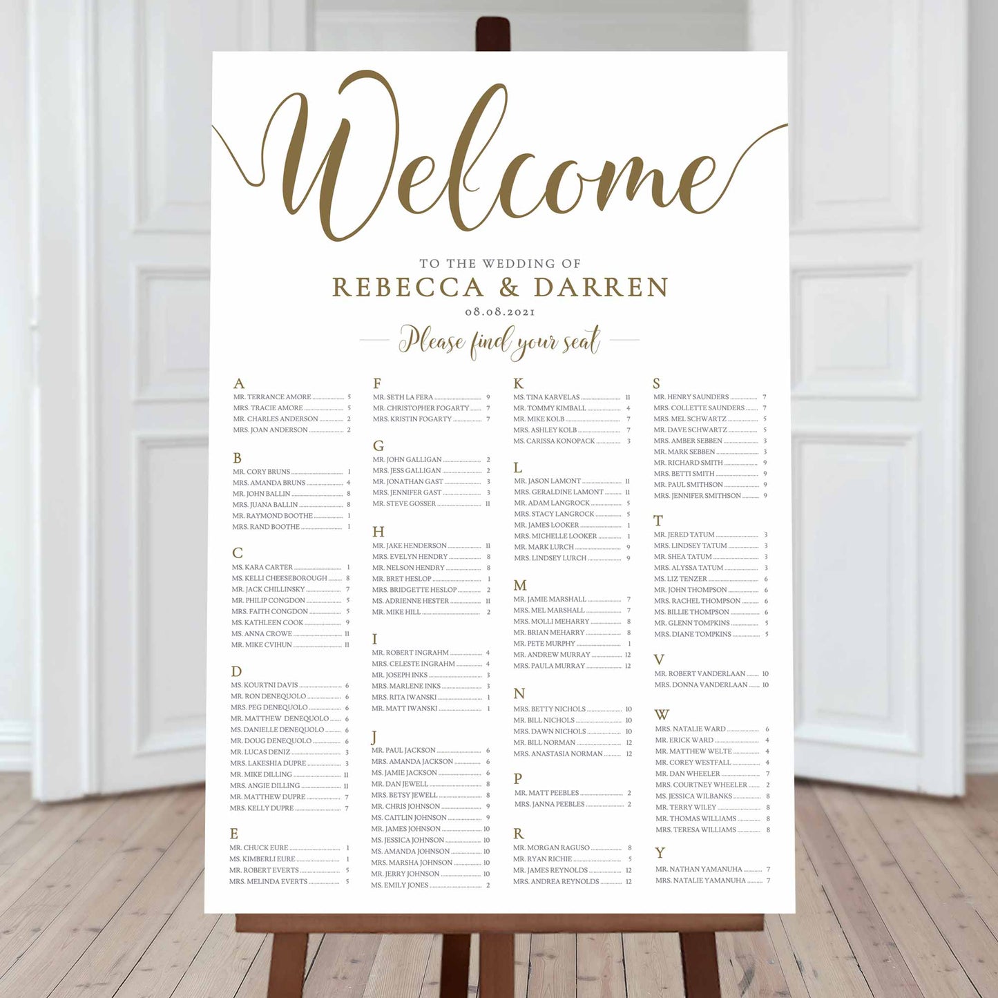 A1 Gold Alphabetical Seating Chart
