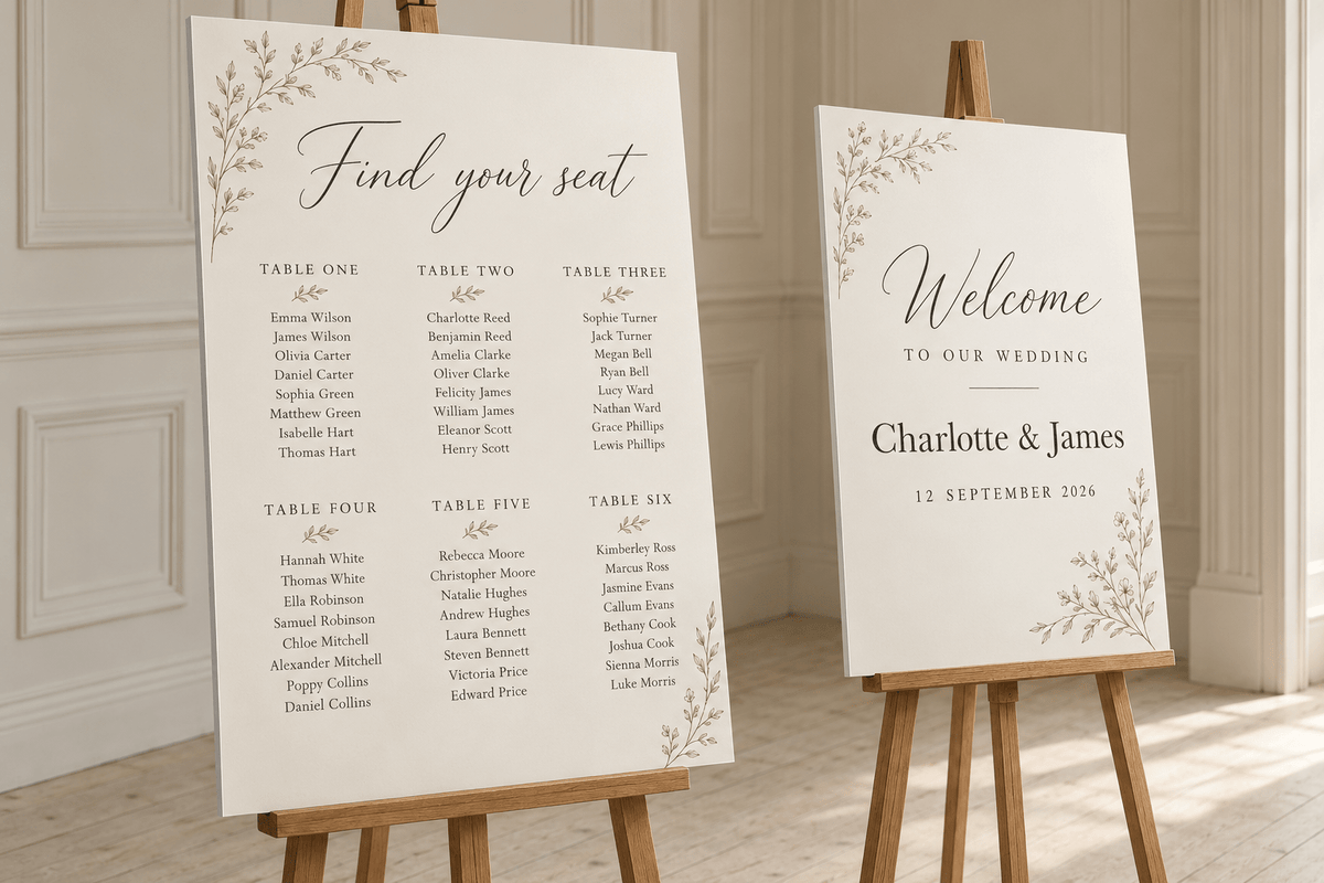 Wedding seating chart and welcome sign printed on matte foamboard, displayed on wooden easels in an elegant, neutral venue.