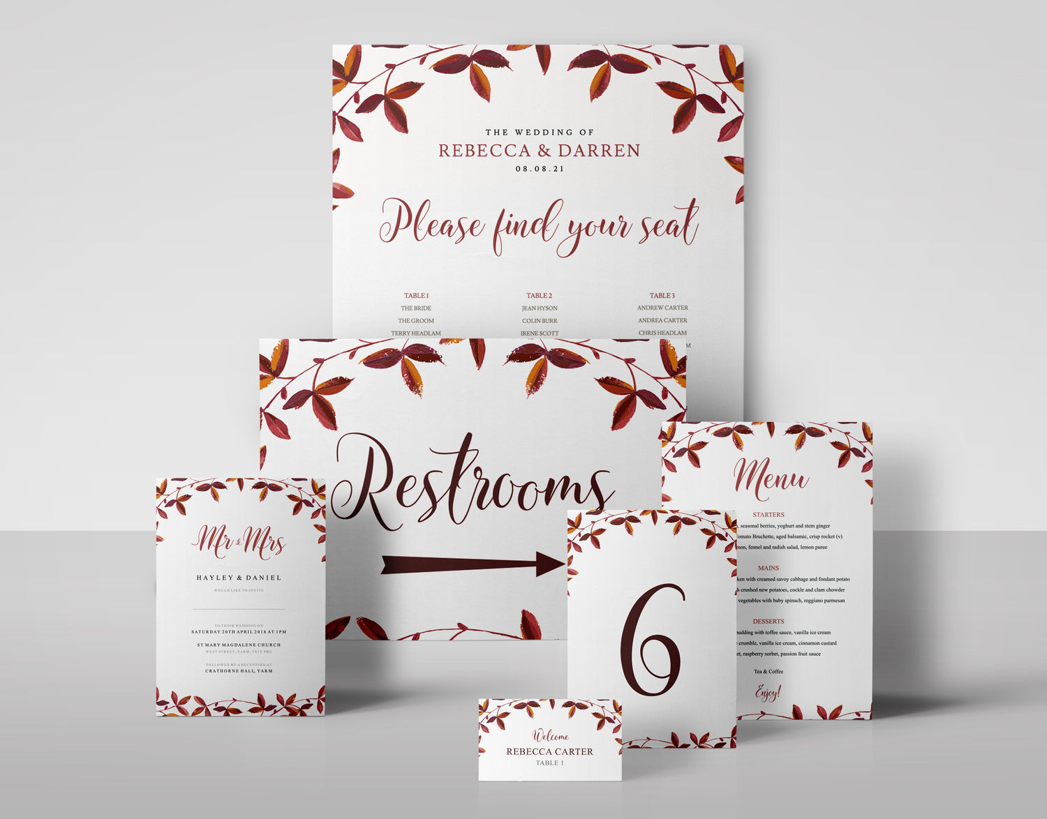Autumn Collection with rustic red, orange, and brown leaves Templates for seating charts, wedding signs, invitations