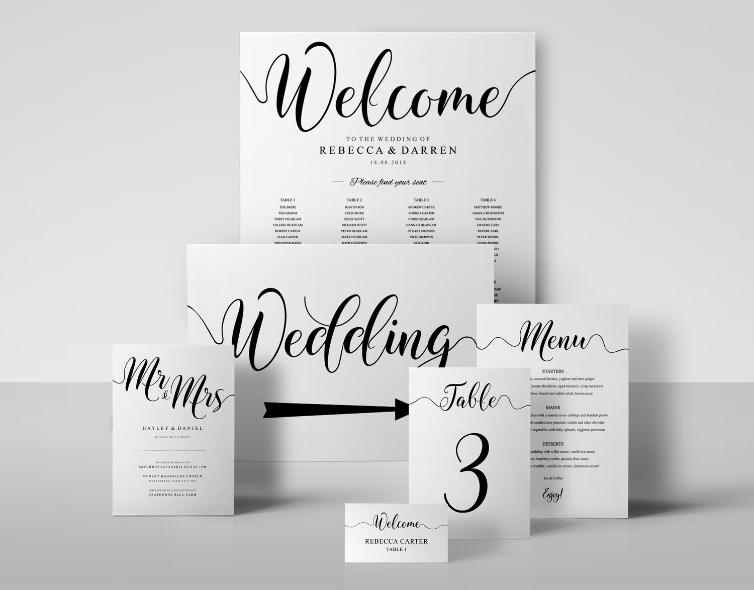 black & white minimalist wedding collection with a seating chart, sign, menu, place card, table number, invitation template