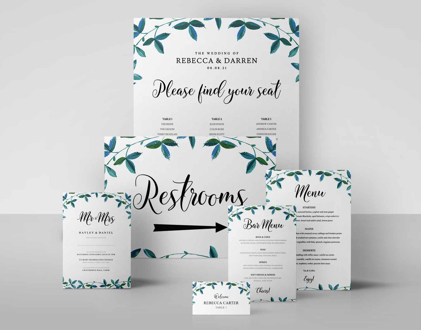 Wedding stationery set. Green foliage border Seating plan templates, signs, menus, and table decor for outdoor weddings.