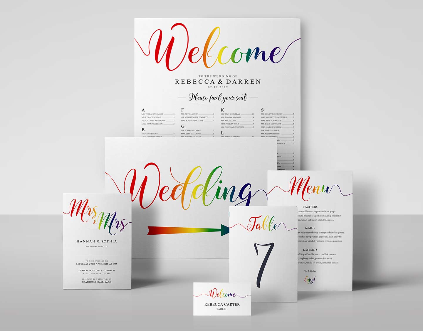 Rainbow wedding printables with the symbolic pride rainbow wedding signs and mr & mr or mrs & mrs wedding invitation