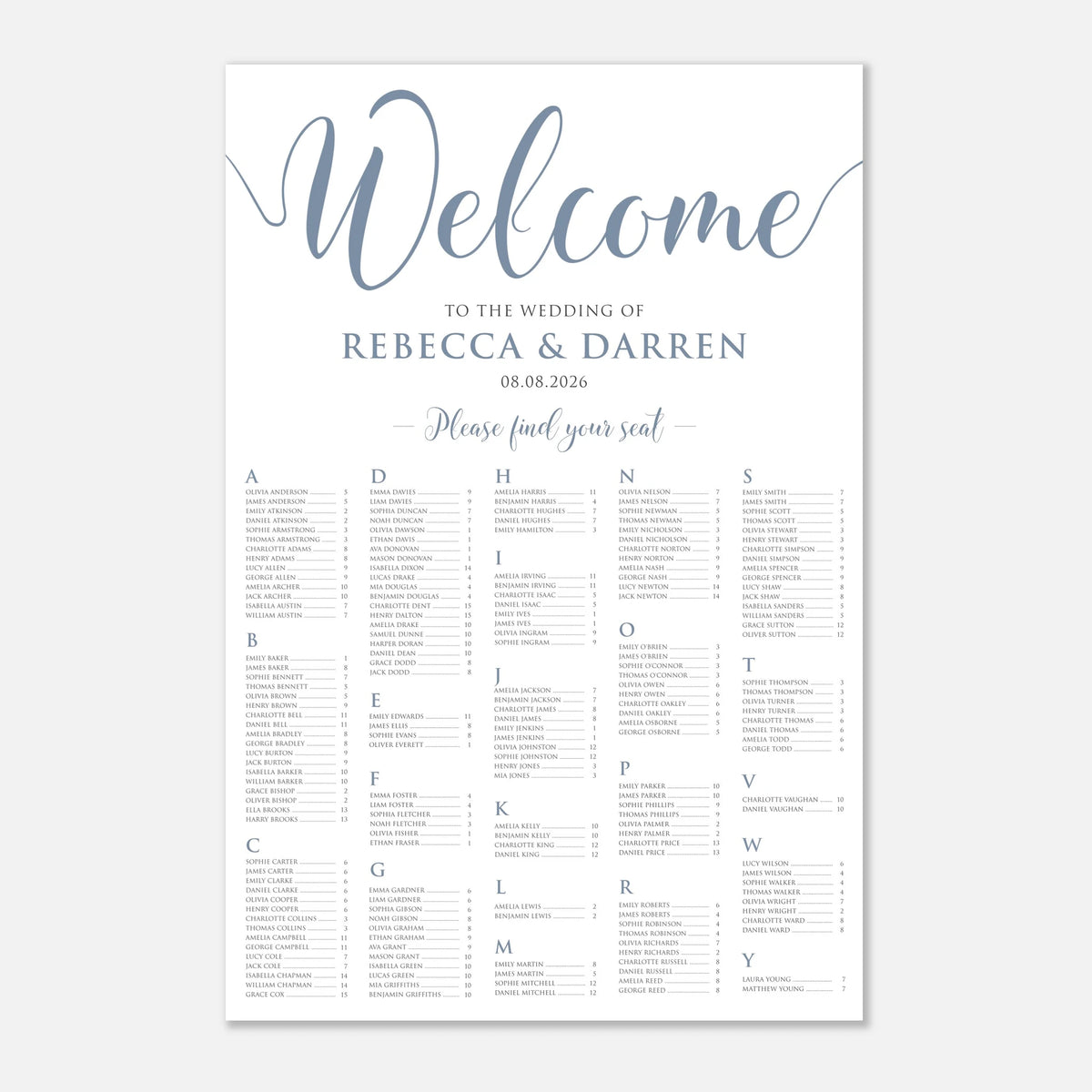 A vertical wedding welcome seating chart print with elegant dusty blue script reading 'Welcome' and a table of guest names organized by letters, shown on a light gray background.