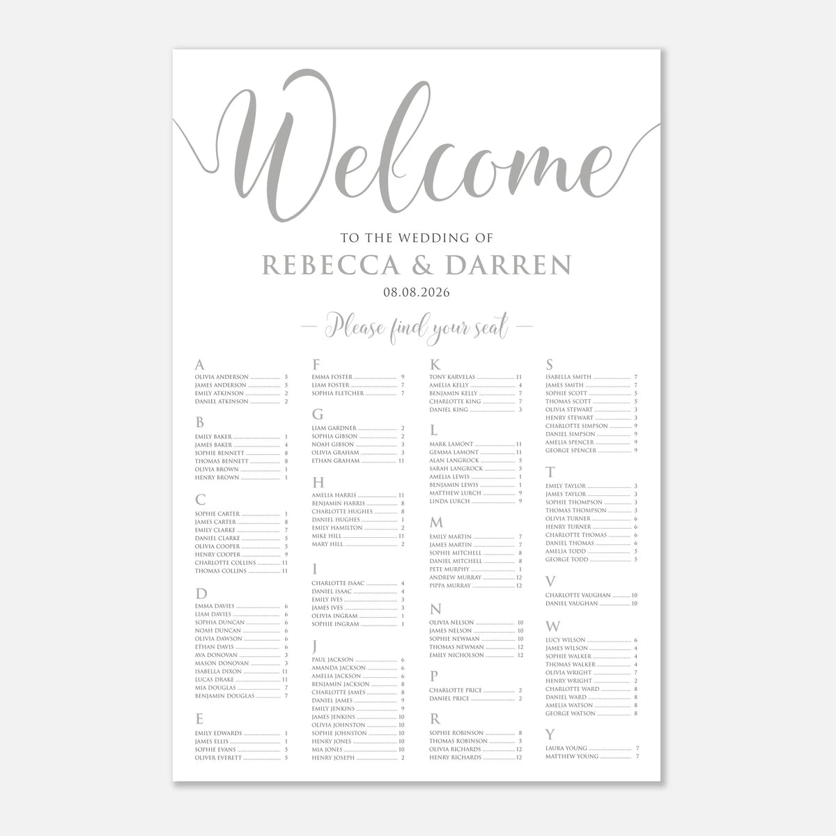 A wedding welcome seating chart print with elegant silver script and typography on a white background, featuring the heading 'Welcome' and a seated guest list organized by letter columns.