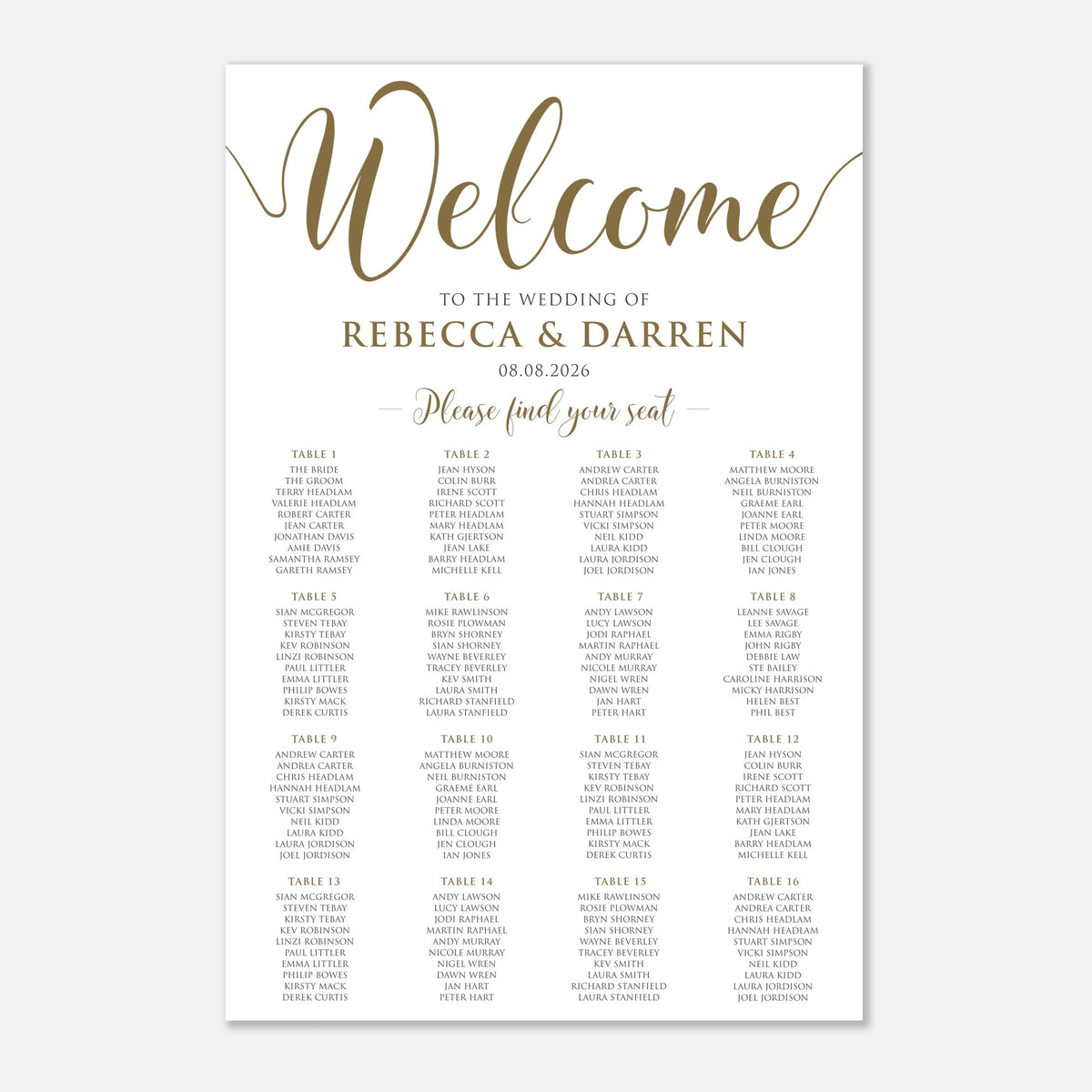 A wedding seating chart print with elegant gold script and serif text on a white background, reading 'Welcome to the wedding of Rebecca & Darren' and listing table names and guest names in columns with 16 tables.