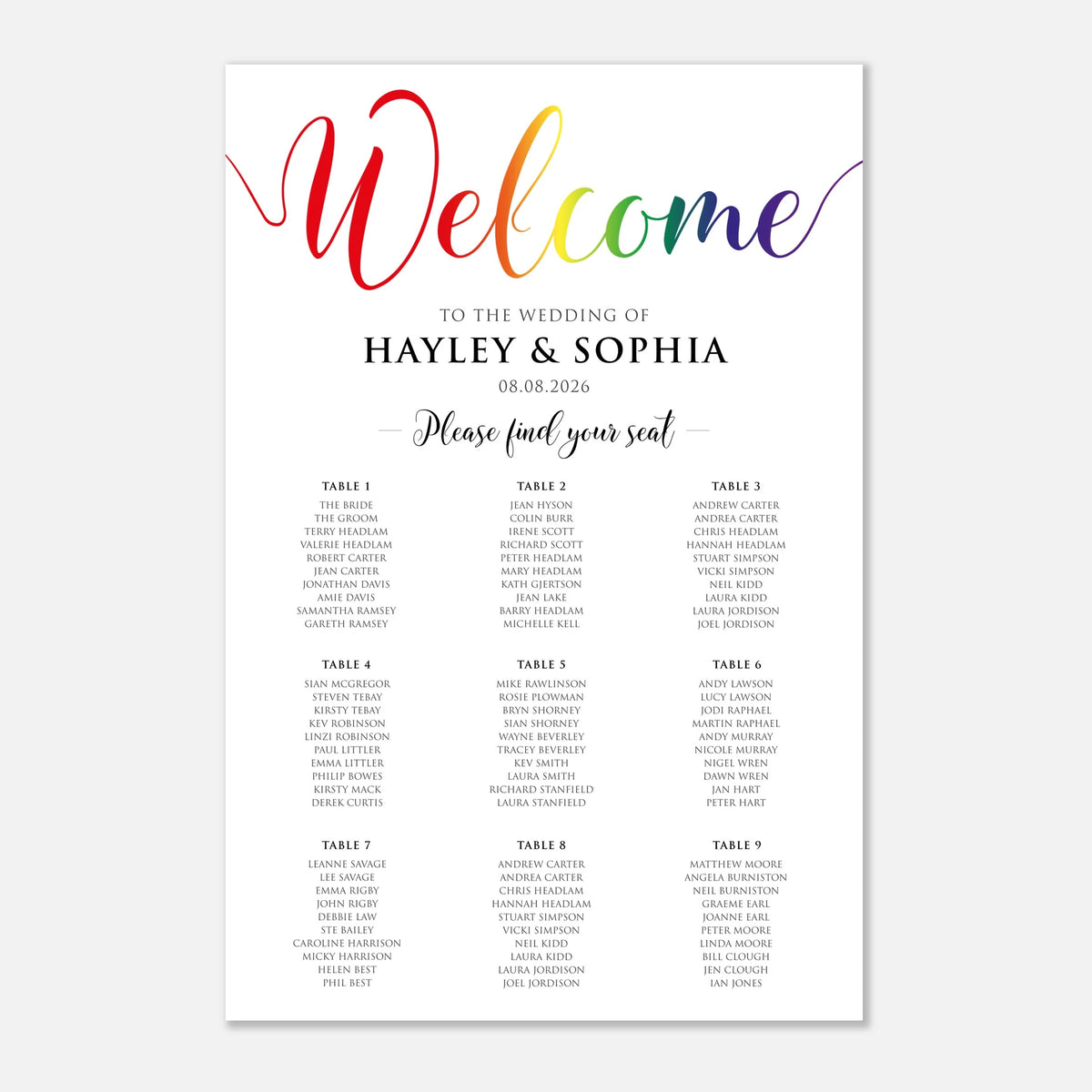 A wedding welcome mat or seating chart print with a white background, featuring a colorful 'Welcome' header in rainbow script and black text for the wedding details and table assignments.