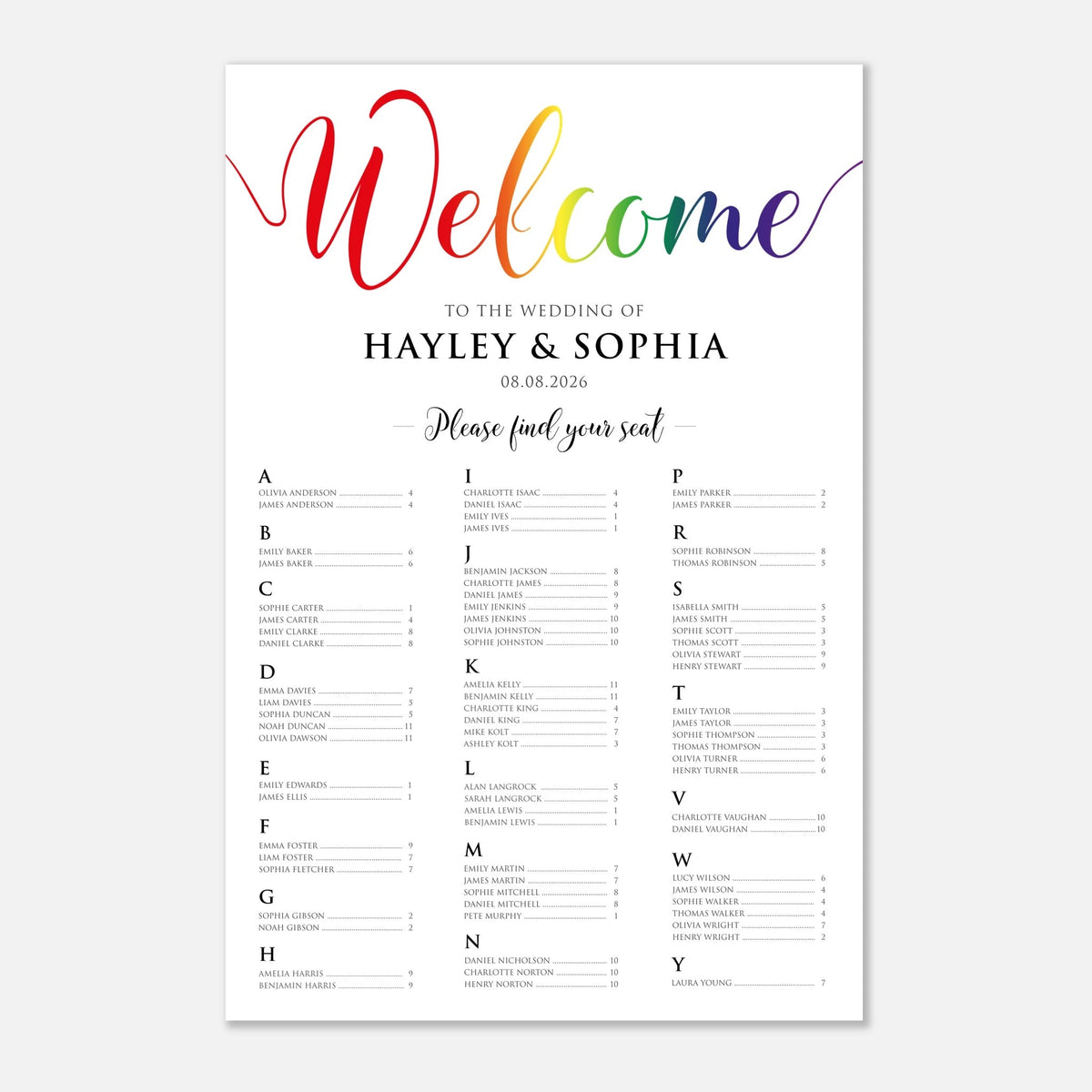 A vertical wedding seating chart print with a colorful rainbow 'Welcome' header and black text listing guests by letters on a white background.